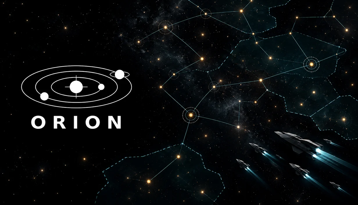 ORION artwork: a network of stars and a fleet of ships crossing the galaxy